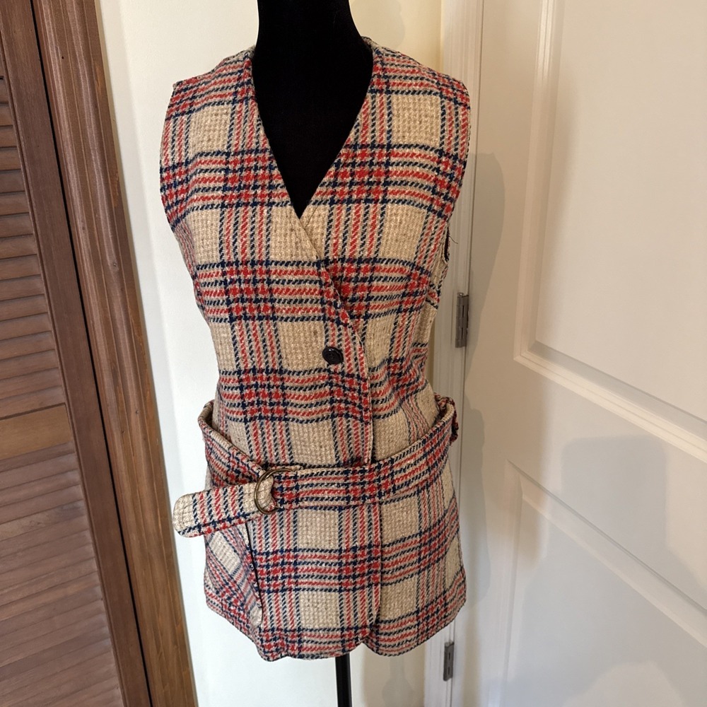 Pendleton Vintage 1970's Sleeveless Plaid Tweed Wool Vest Size 14 Cream Red Blue